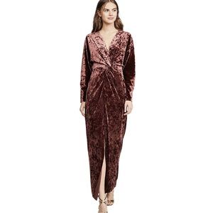 WAYF Roslyn Twist Front Midi Longsleeve Brown Velvet Dress